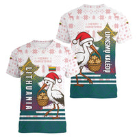 Lithuania Christmas Women V-Neck T-Shirt with Stork Basket Snowflakes and Traditional Pattern Design - Wonder Print Shop