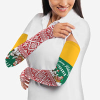 Lithuania Christmas Arm Sleeves with Santa Sleigh Pulled by Storks and Folk Pattern Design - Wonder Print Shop