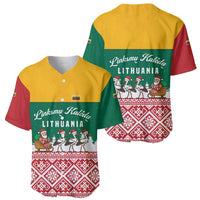 Lithuania Christmas Baseball Jersey with Santa Sleigh Pulled by Storks and Folk Pattern Design - Wonder Print Shop