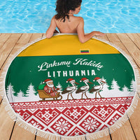 Lithuania Christmas Beach Blanket with Santa Sleigh Pulled by Storks and Folk Pattern Design - Wonder Print Shop