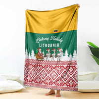 Lithuania Christmas Blanket with Santa Sleigh Pulled by Storks and Folk Pattern Design - Wonder Print Shop