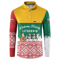 Lithuania Christmas Button Sweatshirt with Santa Sleigh Pulled by Storks and Folk Pattern Design - Wonder Print Shop