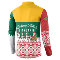 Lithuania Christmas Button Sweatshirt with Santa Sleigh Pulled by Storks and Folk Pattern Design - Wonder Print Shop