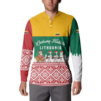 Lithuania Christmas Button Sweatshirt with Santa Sleigh Pulled by Storks and Folk Pattern Design - Wonder Print Shop
