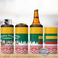 Lithuania Christmas 4 in 1 Can Cooler Tumbler with Santa Sleigh Pulled by Storks and Folk Pattern Design - Wonder Print Shop