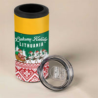 Lithuania Christmas 4 in 1 Can Cooler Tumbler with Santa Sleigh Pulled by Storks and Folk Pattern Design - Wonder Print Shop