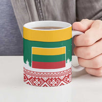 Lithuania Christmas Ceramic Mug with Santa Sleigh Pulled by Storks and Folk Pattern Design - Wonder Print Shop