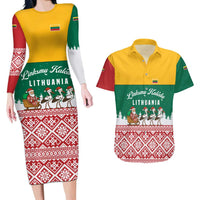 Lithuania Christmas Couples Matching Long Sleeve Bodycon Dress and Hawaiian Shirt with Santa Sleigh Pulled by Storks and Folk Pattern Design - Wonder Print Shop