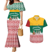 Lithuania Christmas Couples Matching Mermaid Dress and Hawaiian Shirt with Santa Sleigh Pulled by Storks and Folk Pattern Design - Wonder Print Shop