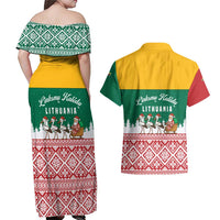 Lithuania Christmas Couples Matching Off Shoulder Maxi Dress and Hawaiian Shirt with Santa Sleigh Pulled by Storks and Folk Pattern Design - Wonder Print Shop