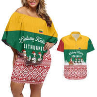 Lithuania Christmas Couples Matching Off Shoulder Short Dress and Hawaiian Shirt with Santa Sleigh Pulled by Storks and Folk Pattern Design - Wonder Print Shop