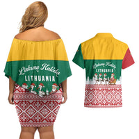Lithuania Christmas Couples Matching Off Shoulder Short Dress and Hawaiian Shirt with Santa Sleigh Pulled by Storks and Folk Pattern Design - Wonder Print Shop