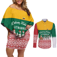 Lithuania Christmas Couples Matching Off Shoulder Short Dress and Long Sleeve Button Shirt with Santa Sleigh Pulled by Storks and Folk Pattern Design - Wonder Print Shop