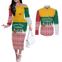 Lithuania Christmas Couples Matching Off The Shoulder Long Sleeve Dress and Long Sleeve Button Shirt with Santa Sleigh Pulled by Storks and Folk Pattern Design - Wonder Print Shop