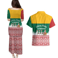 Lithuania Christmas Couples Matching Puletasi and Hawaiian Shirt with Santa Sleigh Pulled by Storks and Folk Pattern Design - Wonder Print Shop