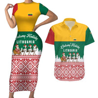 Lithuania Christmas Couples Matching Short Sleeve Bodycon Dress and Hawaiian Shirt with Santa Sleigh Pulled by Storks and Folk Pattern Design - Wonder Print Shop