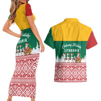 Lithuania Christmas Couples Matching Short Sleeve Bodycon Dress and Hawaiian Shirt with Santa Sleigh Pulled by Storks and Folk Pattern Design - Wonder Print Shop
