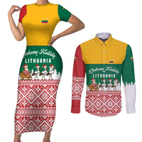 Lithuania Christmas Couples Matching Short Sleeve Bodycon Dress and Long Sleeve Button Shirt with Santa Sleigh Pulled by Storks and Folk Pattern Design - Wonder Print Shop