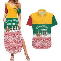 Lithuania Christmas Couples Matching Summer Maxi Dress and Hawaiian Shirt with Santa Sleigh Pulled by Storks and Folk Pattern Design - Wonder Print Shop