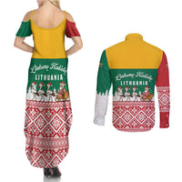 Lithuania Christmas Couples Matching Summer Maxi Dress and Long Sleeve Button Shirt with Santa Sleigh Pulled by Storks and Folk Pattern Design - Wonder Print Shop