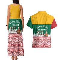 Lithuania Christmas Couples Matching Tank Maxi Dress and Hawaiian Shirt with Santa Sleigh Pulled by Storks and Folk Pattern Design - Wonder Print Shop