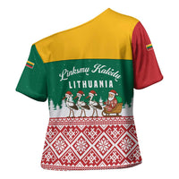 Lithuania Christmas Cross Shoulder Shirt with Santa Sleigh Pulled by Storks and Folk Pattern Design - Wonder Print Shop