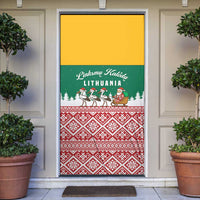 Lithuania Christmas Door Cover with Santa Sleigh Pulled by Storks and Folk Pattern Design - Wonder Print Shop