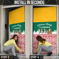 Lithuania Christmas Door Cover with Santa Sleigh Pulled by Storks and Folk Pattern Design - Wonder Print Shop