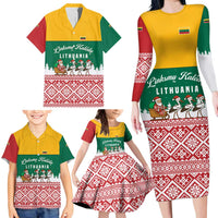 Lithuania Christmas Family Matching Long Sleeve Bodycon Dress and Hawaiian Shirt with Santa Sleigh Pulled by Storks and Folk Pattern Design - Wonder Print Shop