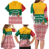 Lithuania Christmas Family Matching Long Sleeve Bodycon Dress and Hawaiian Shirt with Santa Sleigh Pulled by Storks and Folk Pattern Design - Wonder Print Shop