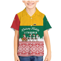 Lithuania Christmas Family Matching Mermaid Dress and Hawaiian Shirt with Santa Sleigh Pulled by Storks and Folk Pattern Design - Wonder Print Shop