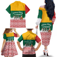 Lithuania Christmas Family Matching Off The Shoulder Long Sleeve Dress and Hawaiian Shirt with Santa Sleigh Pulled by Storks and Folk Pattern Design - Wonder Print Shop