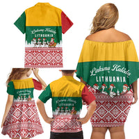 Lithuania Christmas Family Matching Off Shoulder Short Dress and Hawaiian Shirt with Santa Sleigh Pulled by Storks and Folk Pattern Design - Wonder Print Shop
