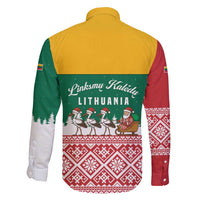 Lithuania Christmas Family Matching Off Shoulder Short Dress and Hawaiian Shirt with Santa Sleigh Pulled by Storks and Folk Pattern Design - Wonder Print Shop