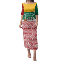 Lithuania Christmas Family Matching Puletasi and Hawaiian Shirt with Santa Sleigh Pulled by Storks and Folk Pattern Design - Wonder Print Shop