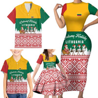 Lithuania Christmas Family Matching Short Sleeve Bodycon Dress and Hawaiian Shirt with Santa Sleigh Pulled by Storks and Folk Pattern Design - Wonder Print Shop
