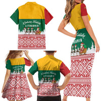 Lithuania Christmas Family Matching Short Sleeve Bodycon Dress and Hawaiian Shirt with Santa Sleigh Pulled by Storks and Folk Pattern Design - Wonder Print Shop