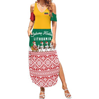 Lithuania Christmas Family Matching Summer Maxi Dress and Hawaiian Shirt with Santa Sleigh Pulled by Storks and Folk Pattern Design - Wonder Print Shop