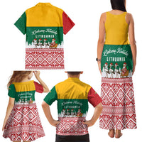 Lithuania Christmas Family Matching Tank Maxi Dress and Hawaiian Shirt with Santa Sleigh Pulled by Storks and Folk Pattern Design - Wonder Print Shop