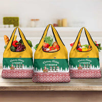 Lithuania Christmas Grocery Bag with Santa Sleigh Pulled by Storks and Folk Pattern Design - Wonder Print Shop