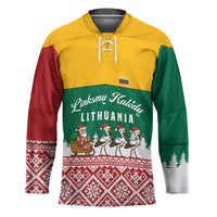 Lithuania Christmas Hockey Jersey with Santa Sleigh Pulled by Storks and Folk Pattern Design - Wonder Print Shop