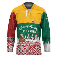 Lithuania Christmas Hockey Jersey with Santa Sleigh Pulled by Storks and Folk Pattern Design - Wonder Print Shop