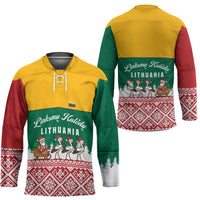 Lithuania Christmas Hockey Jersey with Santa Sleigh Pulled by Storks and Folk Pattern Design - Wonder Print Shop