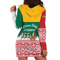 Lithuania Christmas Hoodie Dress with Santa Sleigh Pulled by Storks and Folk Pattern Design - Wonder Print Shop