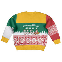 Lithuania Christmas Kid Ugly Christmas Sweater with Santa Sleigh Pulled by Storks and Folk Pattern Design - Wonder Print Shop