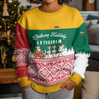 Lithuania Christmas Kid Ugly Christmas Sweater with Santa Sleigh Pulled by Storks and Folk Pattern Design - Wonder Print Shop