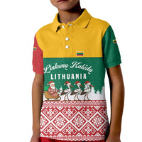 Lithuania Christmas Kid Polo Shirt with Santa Sleigh Pulled by Storks and Folk Pattern Design - Wonder Print Shop