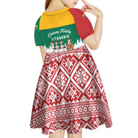 Lithuania Christmas Kid Short Sleeve Dress with Santa Sleigh Pulled by Storks and Folk Pattern Design - Wonder Print Shop