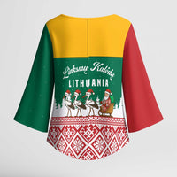 Lithuania Christmas Kimono Sleeve Blouse with Santa Sleigh Pulled by Storks and Folk Pattern Design - Wonder Print Shop