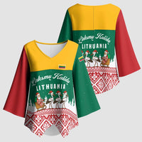 Lithuania Christmas Kimono Sleeve Blouse with Santa Sleigh Pulled by Storks and Folk Pattern Design - Wonder Print Shop